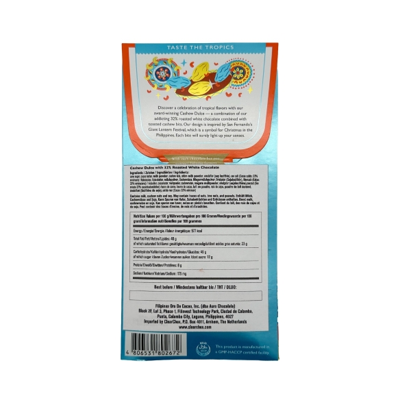 L’arrière de l’emballage d’une tablette de chocolat saveur cashew dulce de la marque Auro