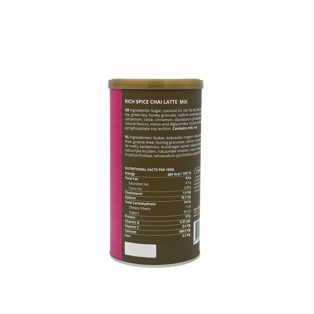 Achterkant ingredientenlijst van de Royal T Rich Spice Chai Latte 340 gram