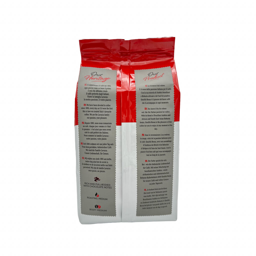 Vue arrière d'un sachet d'un kilo de café en grains Lavazza Qualita Rossa