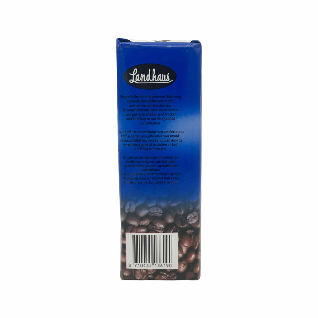 Zijkant van een 500 gram pak gemalen filterkoffie van het merk Landhaus Naturmild