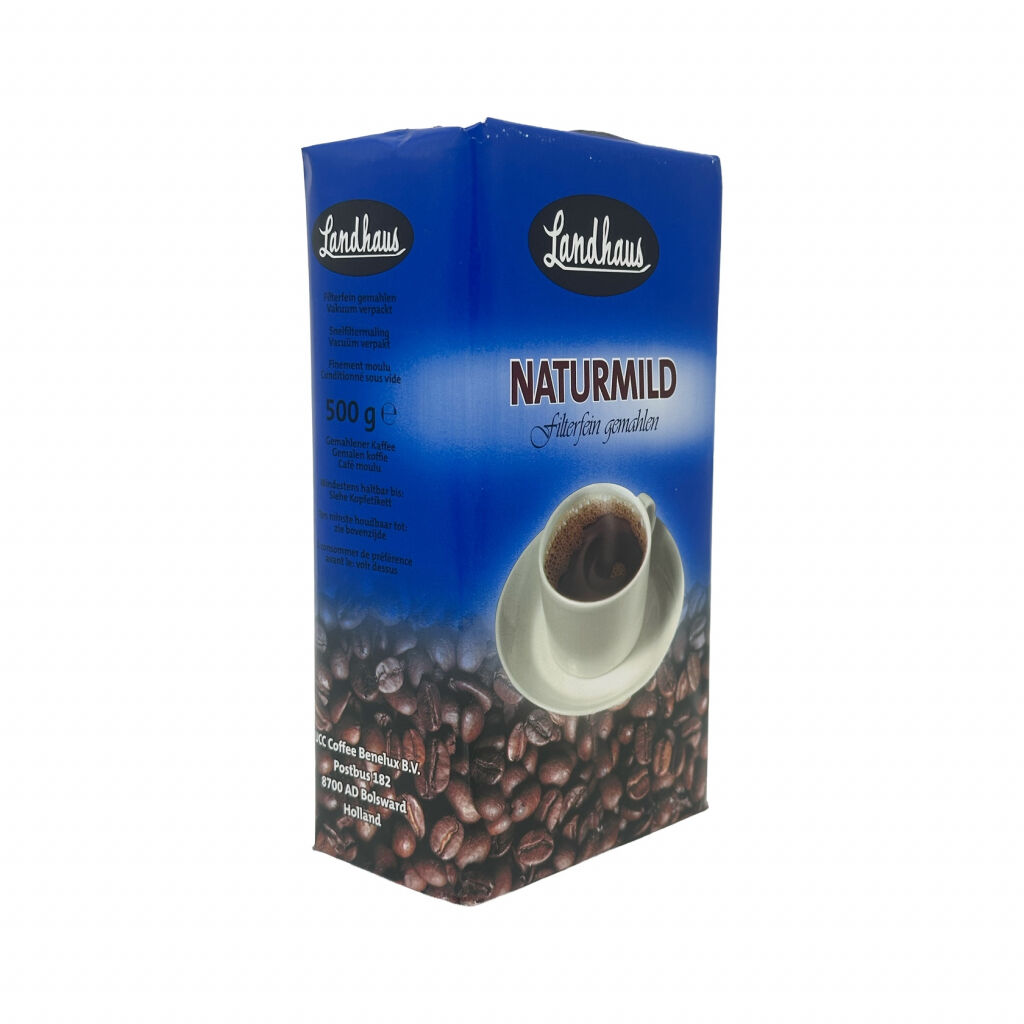 Voor- en zijkant van een 500 gram pak gemalen filterkoffie van het merk Landhaus Naturmild