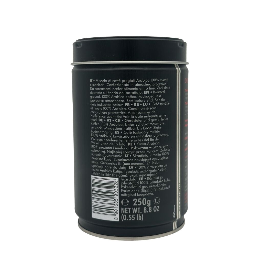 Achterkant van Pellini Top gemalen koffie in blik van 250 gram
